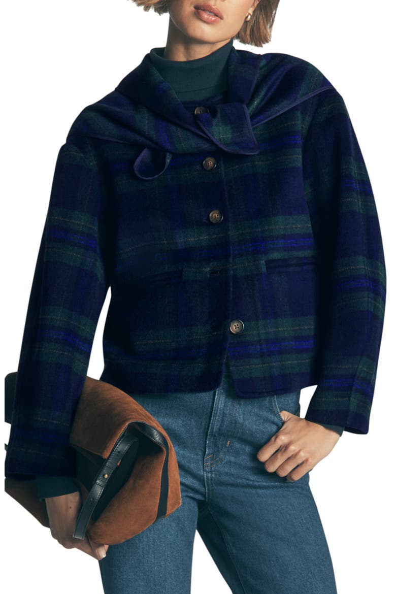 Scarf Neck Wool Blend Jacket, Main, color, NAVY GREEN/ BLUE CHECK