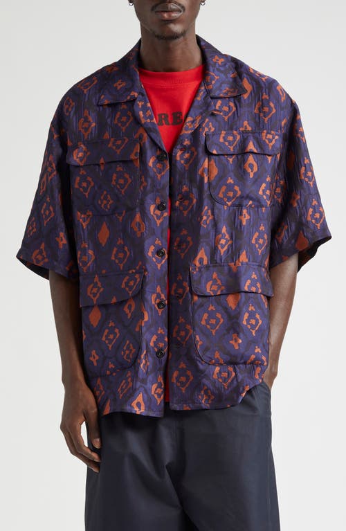 Nicholas Daley Abstract Ikat Jacquard Camp Shirt in Navy /Ginger 