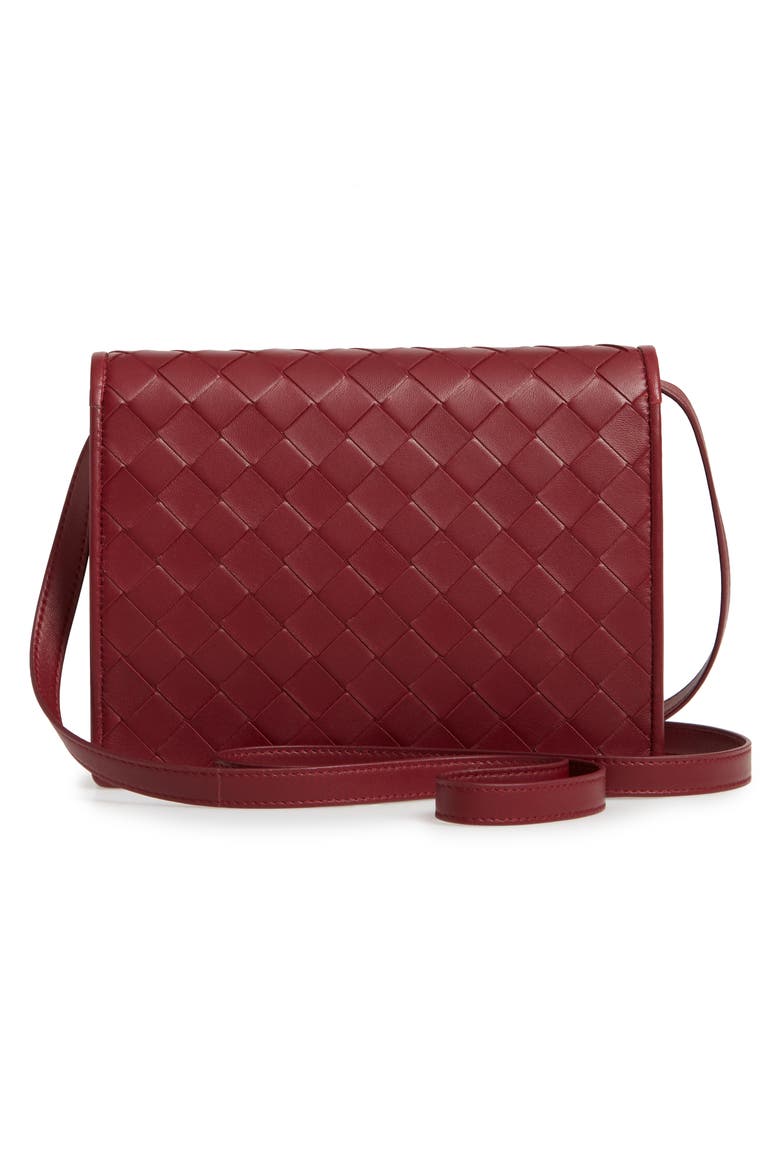 Intrecciato Leather Wallet on a Strap, Alternate, color, BORDEAUX