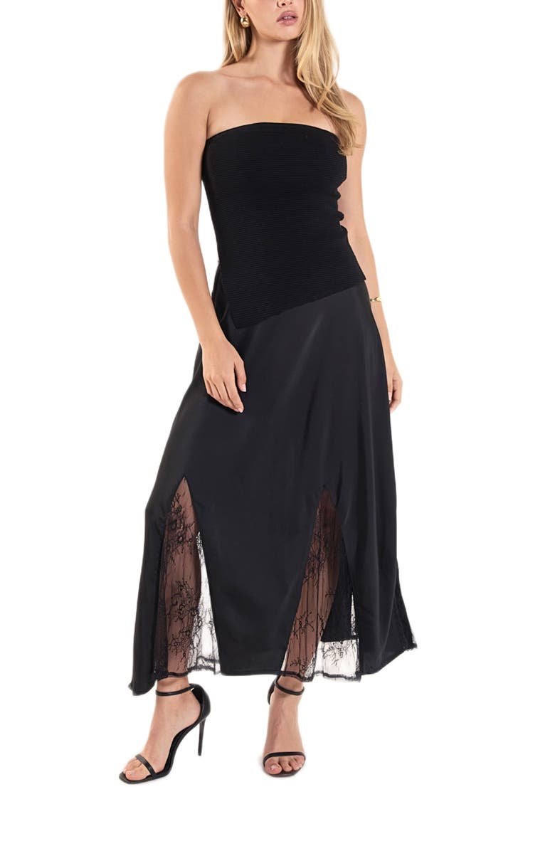Endless Rose Lace Trim Satin Midi Skirt, Alternate, color, Black