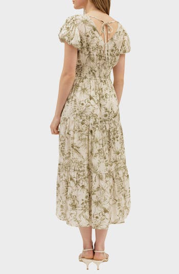 Floral Puff Sleeve Tiered Midi Dress