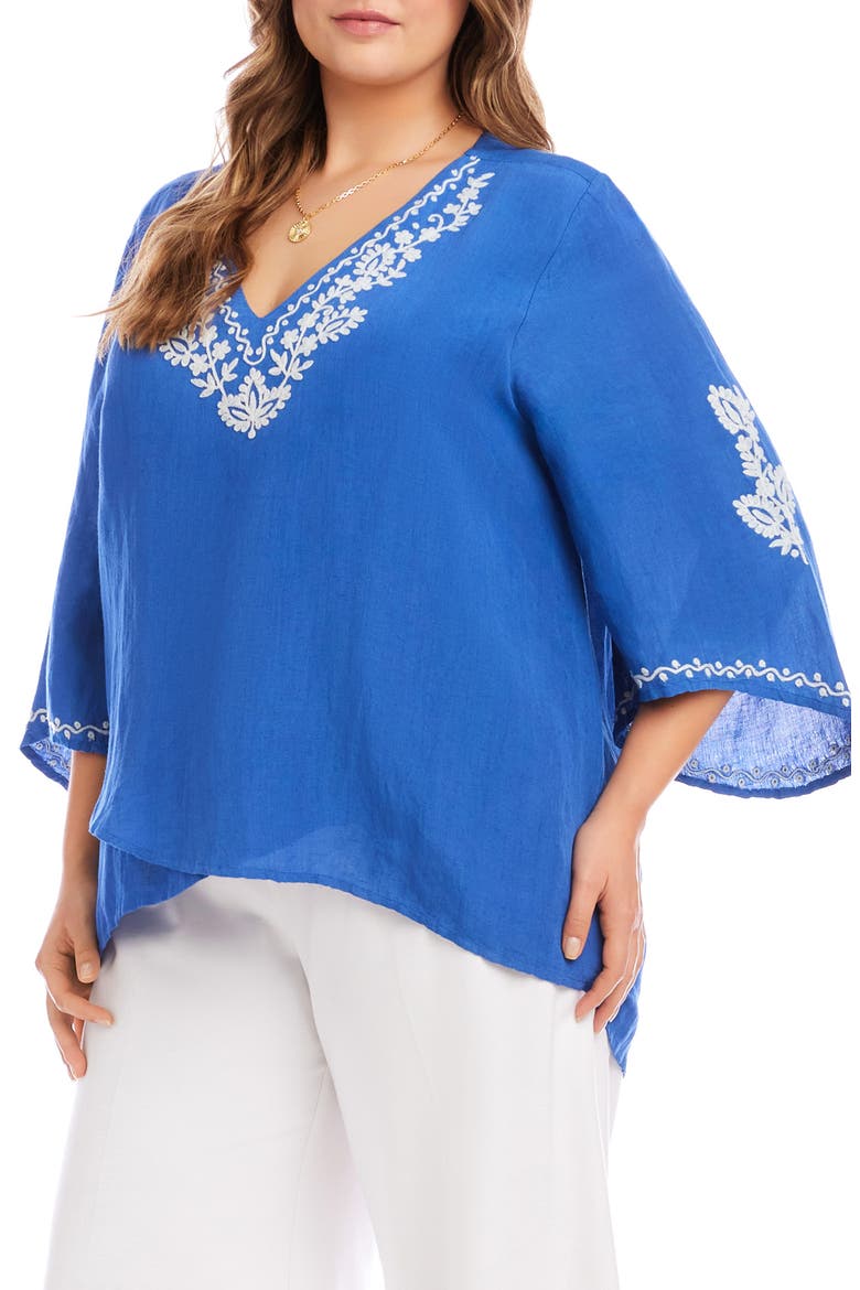 Embroidered Asymmetric Hem Linen Blend Top, Alternate, color, BLUE