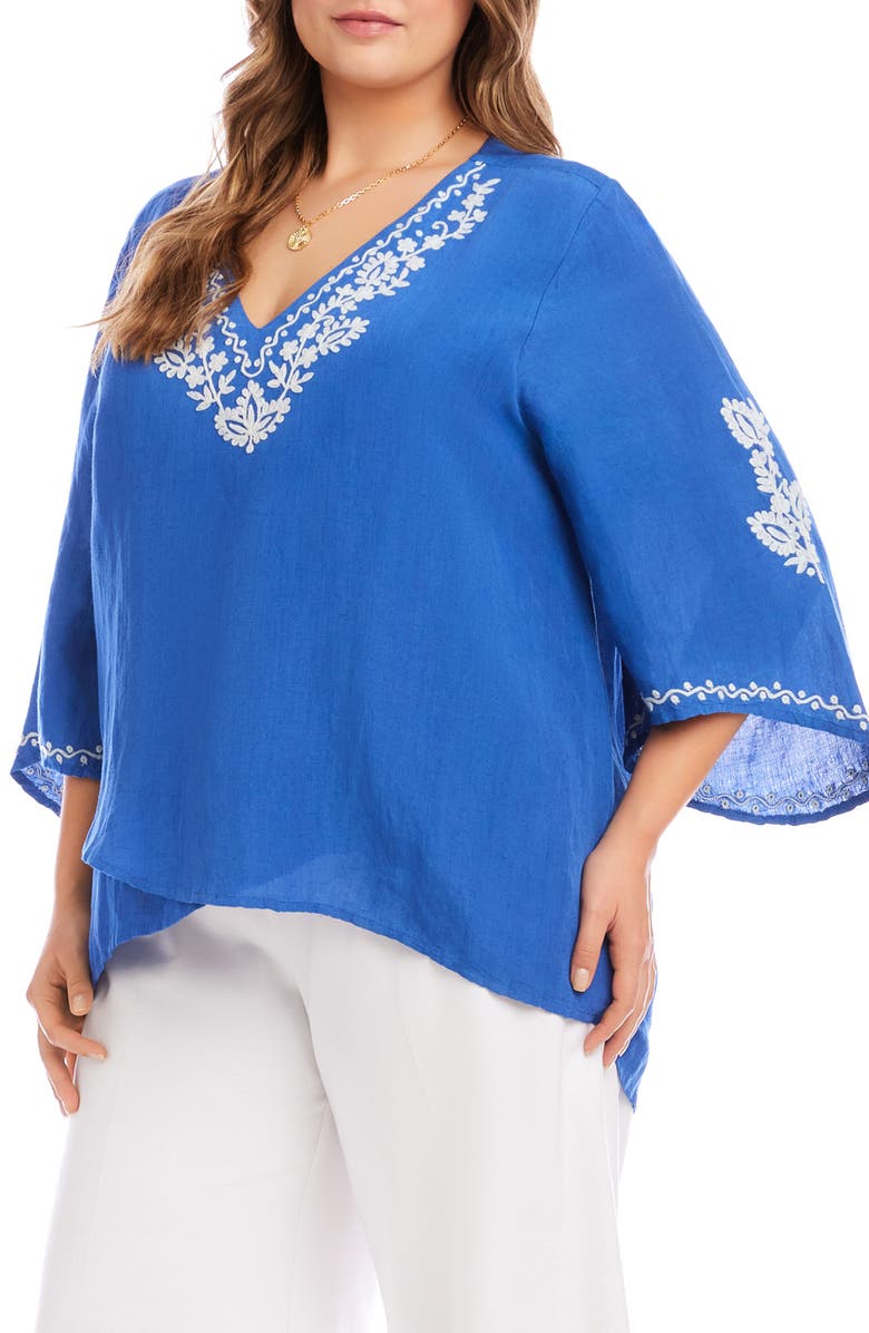 Karen Kane Embroidered Asymmetric Hem Linen Blend Top, Alternate, color, Blue