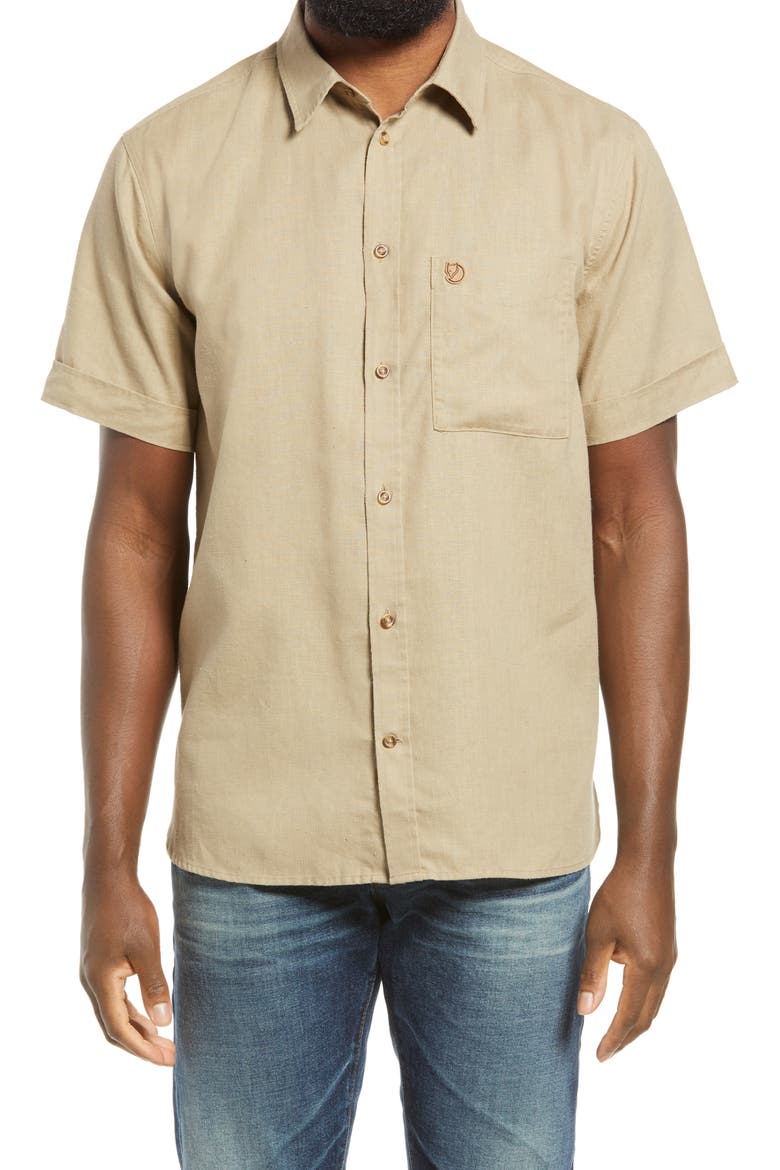 Fjällraven Ovik Travel Short Sleeve Button-Up Shirt, Main, color, SAND STONE