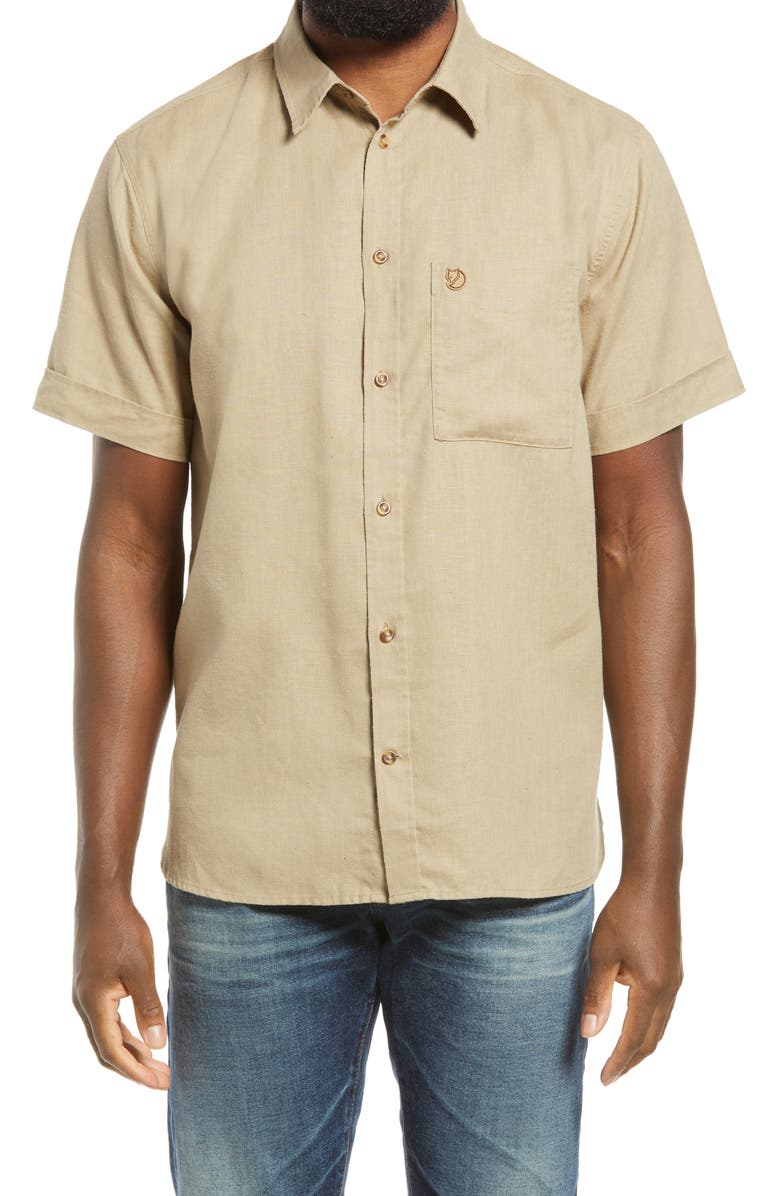 Fjällräven Ovik Travel Short Sleeve Button-Up Shirt, Main, color, Sand Stone