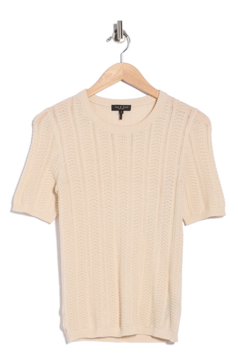 Francesca Pointelle Short Sleeve Merino Wool Sweater, Main, color, OATMEAL