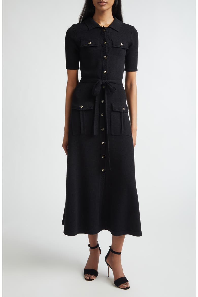 Zahara Belted Legacy Crepe Knit Dress, Main, color, BLACK