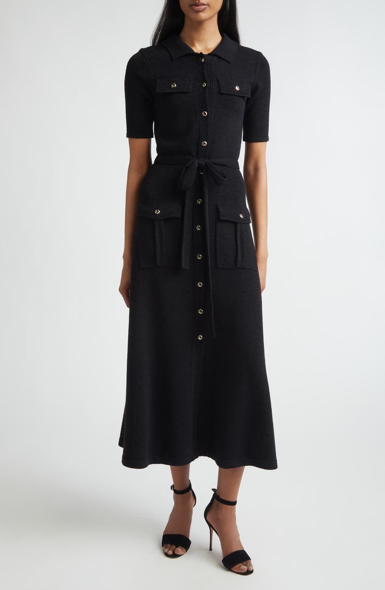 ST. JOHN Zahara Belted Legacy Crepe Knit Dress, Main, color, Black