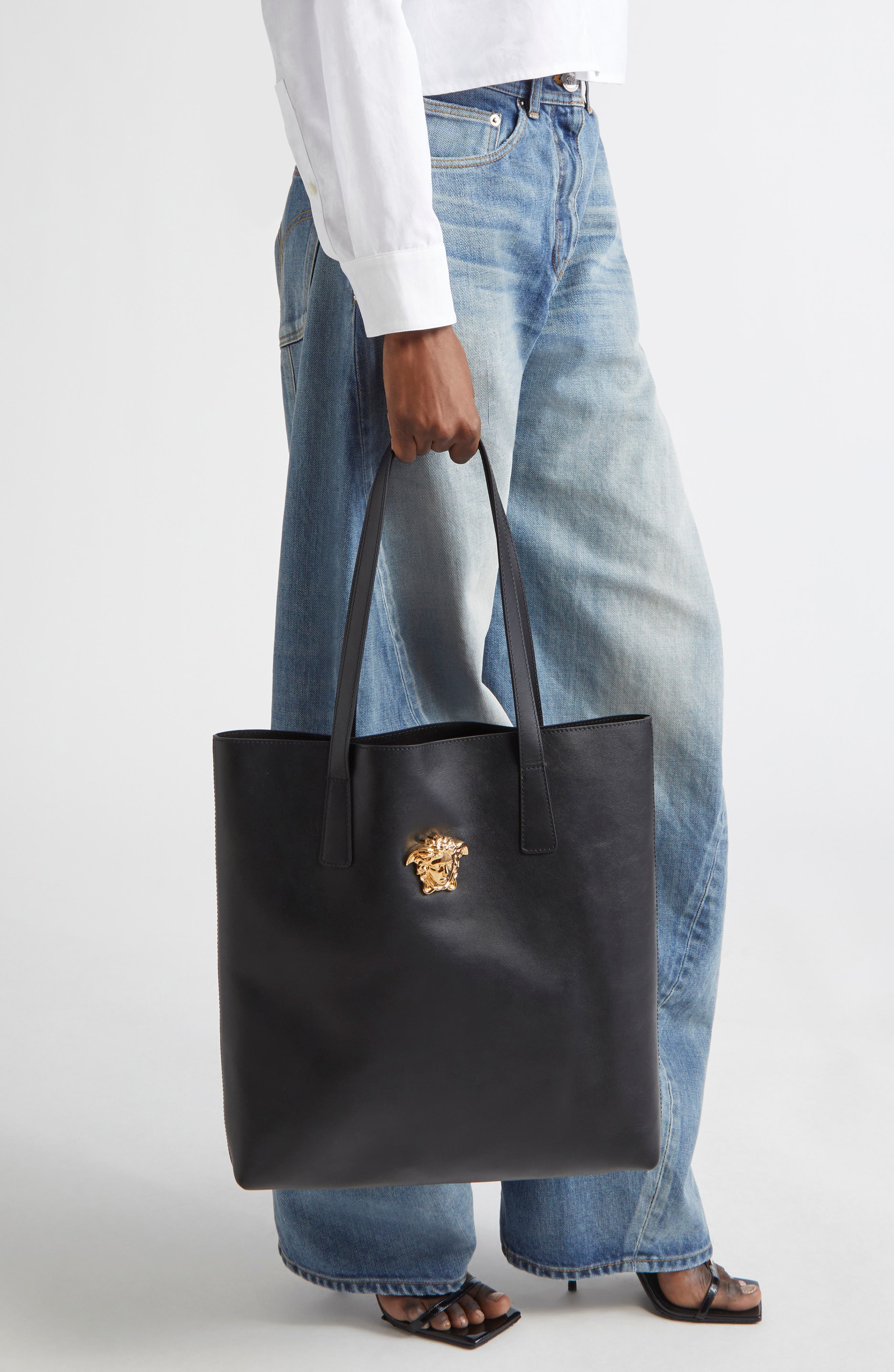 Versace Medusa Leather Tote Bag, Alternate, color, Black-Versace Gold