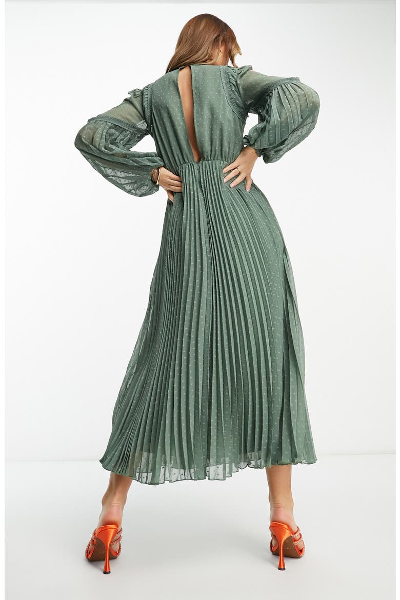 Floral Embroidered Long Sleeve Chiffon Midi Dress, Alternate, color, KHAKI
