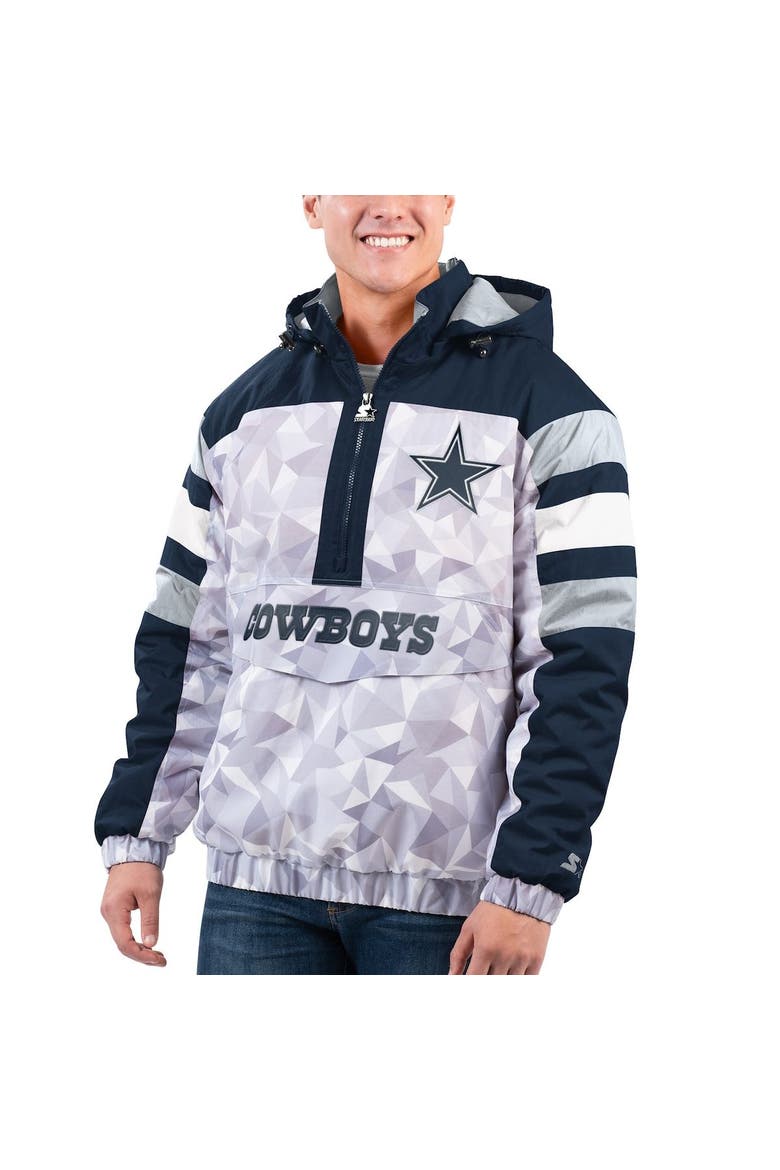 Men's Starter White/Navy Dallas Cowboys Thursday Night Gridiron Raglan Half-Zip Hooded Jacket, Main, color, Gray