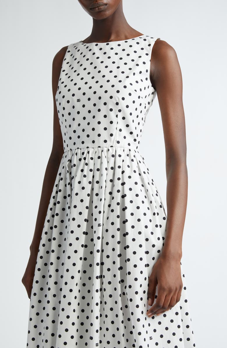 Dolce&Gabbana Polka Dot Sleeveless Cotton Midi Dress, Alternate, color, Black/ White