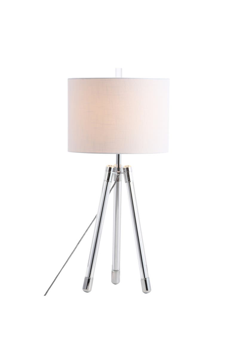 JONATHAN Y Wyman Surveyor's Tripod Crystal/Metal LED Table Lamp, Main, color, Chrome/Clear