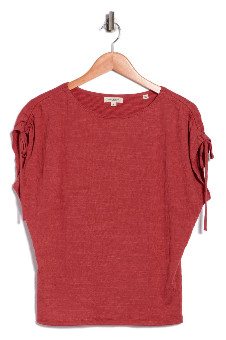 Ruched Shoulder Textured Knit Top, Alternate, color, WASHED RED