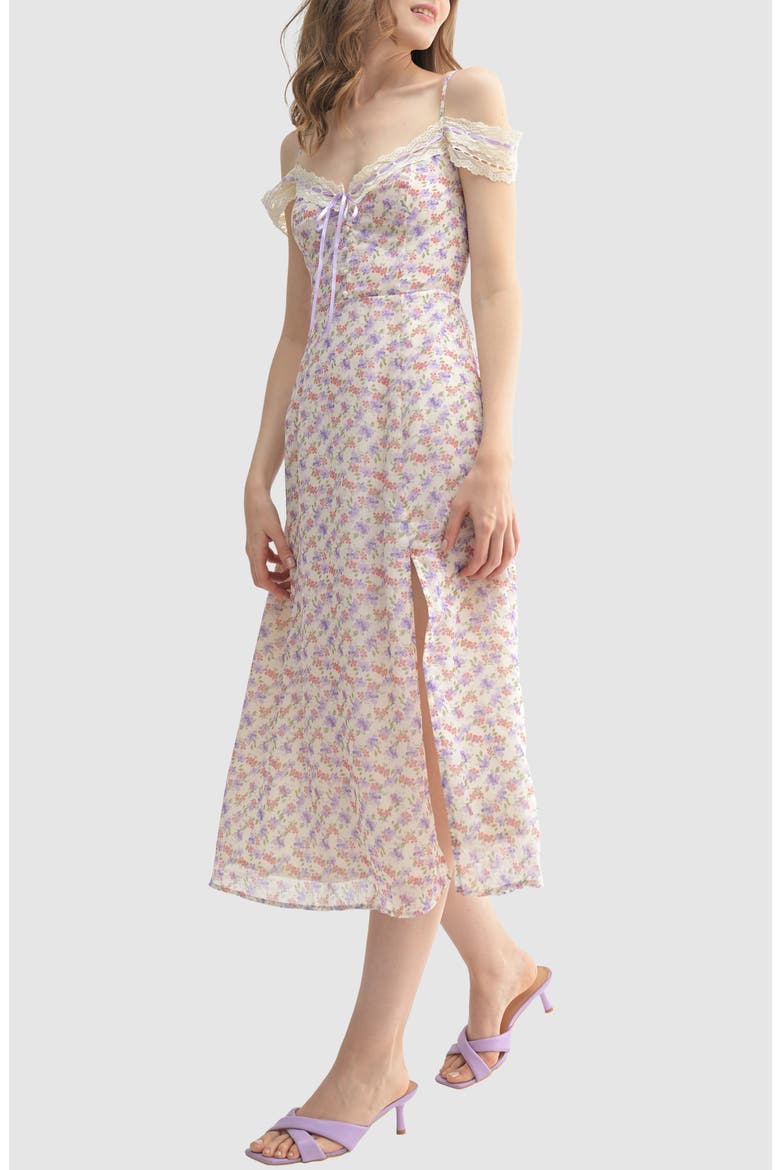 Lace Trim Satin Ribbon Cold Shoulder Midi Dress, Alternate, color, CREAM LILAC