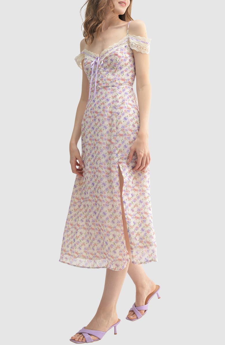 All in Favor Lace Trim Satin Ribbon Cold Shoulder Midi Dress, Alternate, color, Cream Lilac