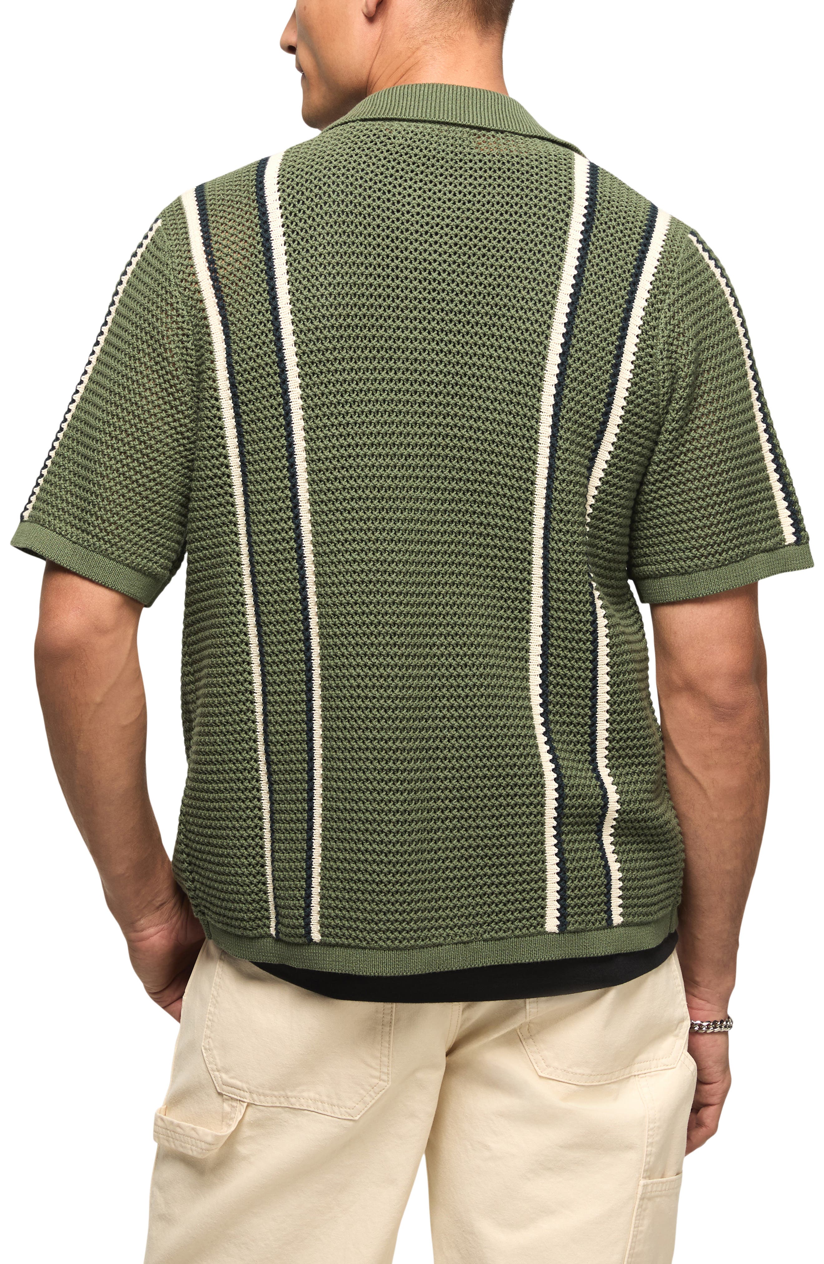 Stripe Short Sleeve Cotton Button-Up Sweater - image 4
