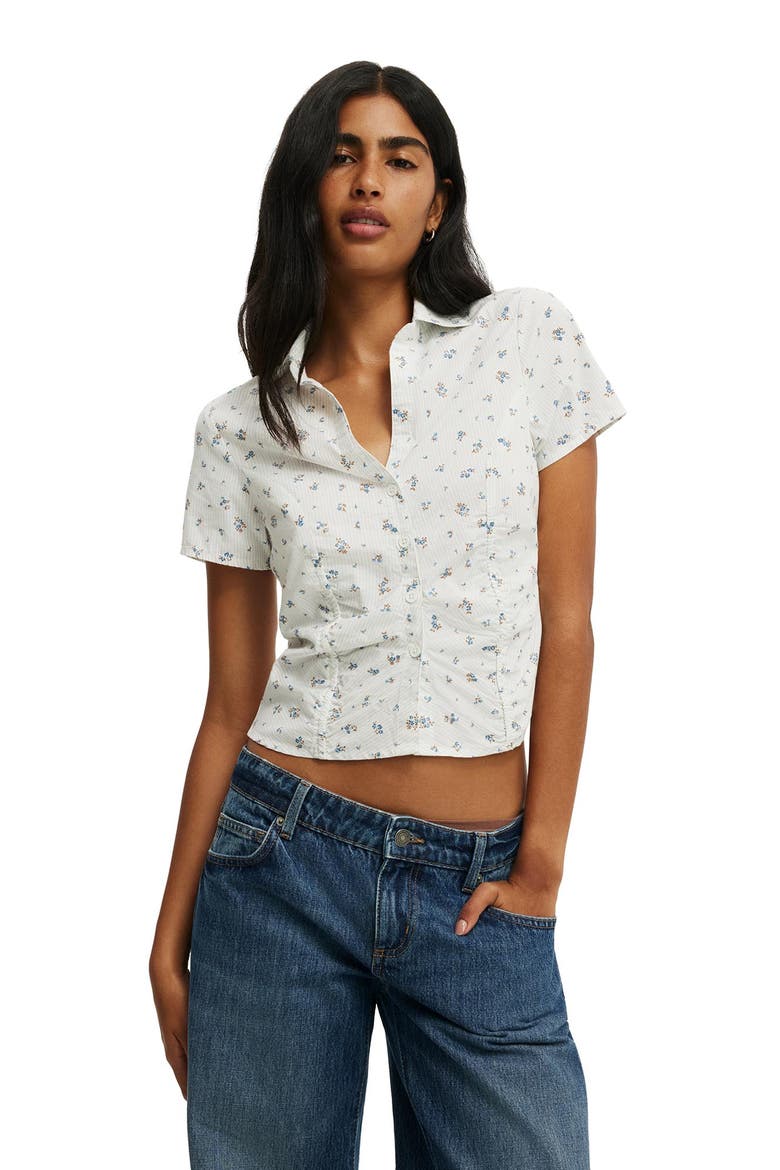 Women's Maya Rouched Shirt, Main, color, Indy Ditsy Pinstripe Cosmic