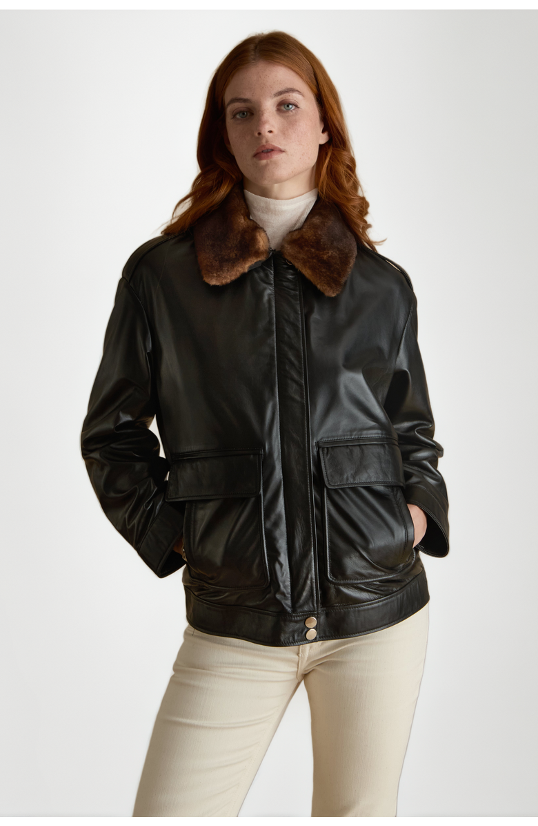 FURNIQ UK Alma Leather Jacket, Main, color, Black