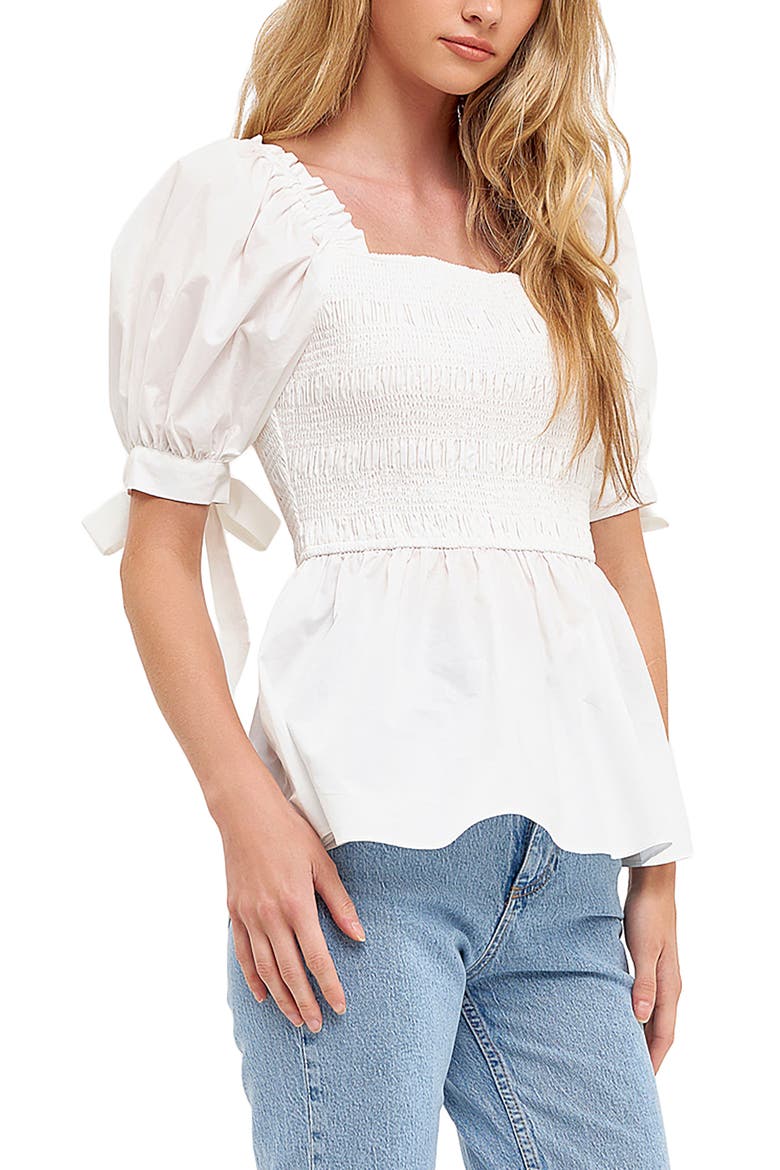 Smocked Tie Cuff Peplum Top, Alternate, color, IVORY