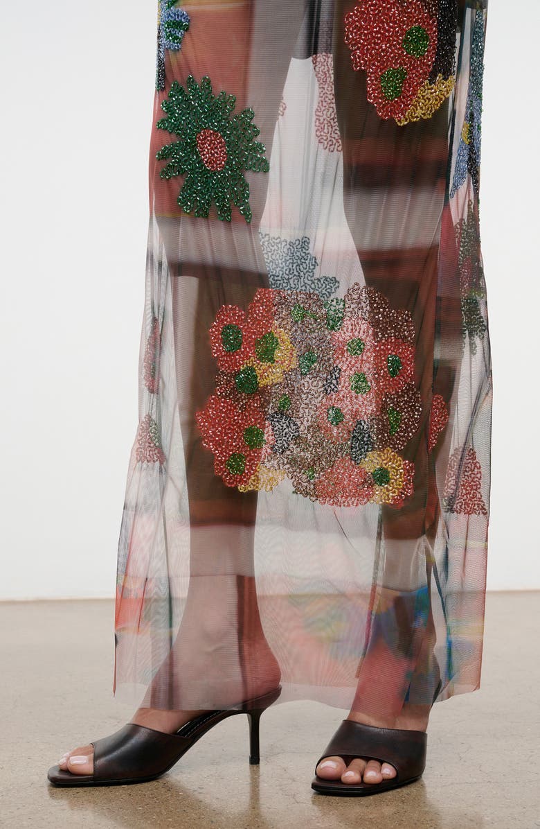 STAUD Lilian Floral Bead Detail Strapless Mesh Maxi Dress, Alternate, color, Superbloom