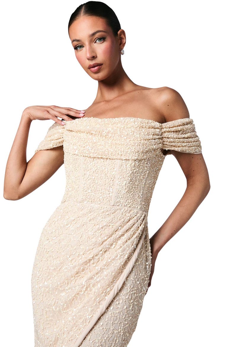 Sequin Bardot Maxi Bridesmaid Dress, Alternate, color, Champagne
