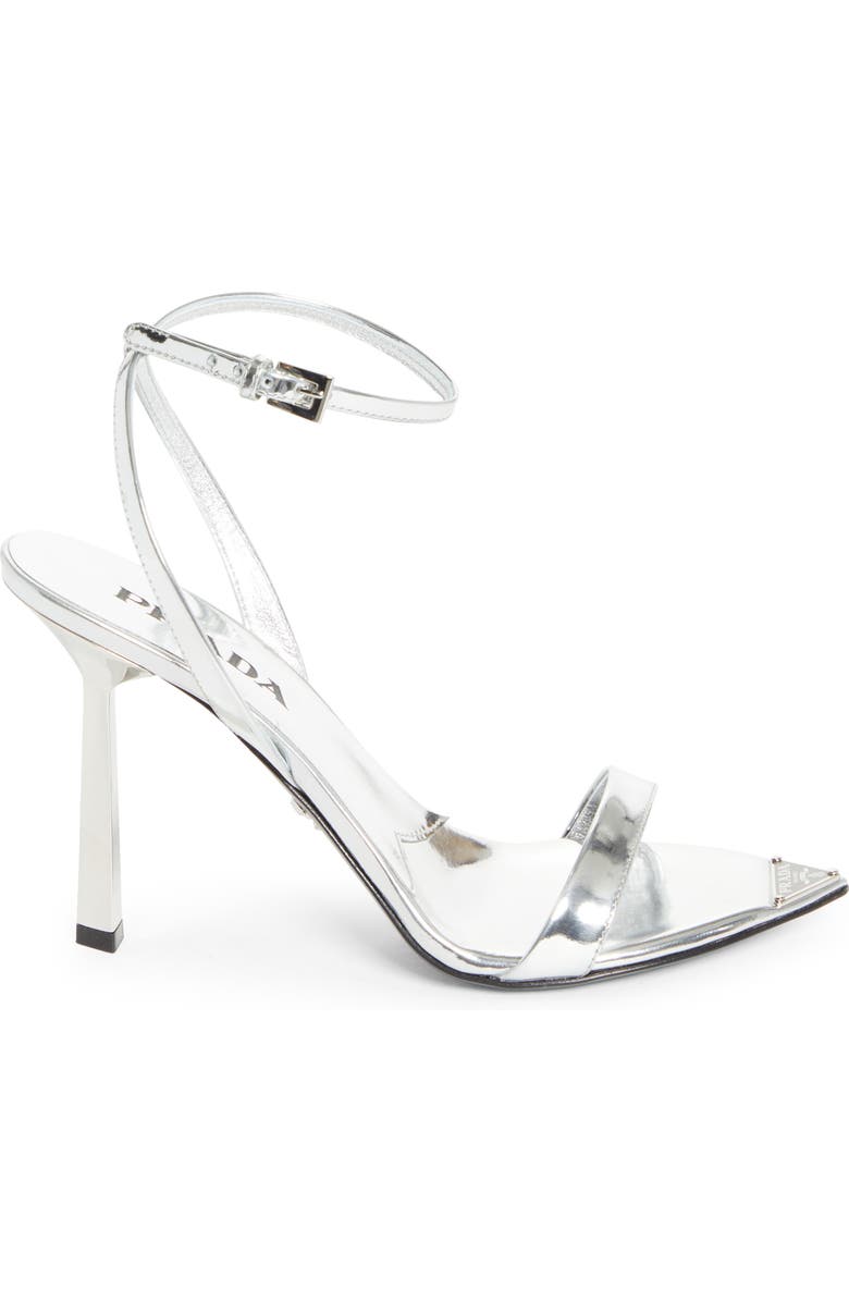 Prada Pointed Toe Logo Sandal, Alternate, color, Argento