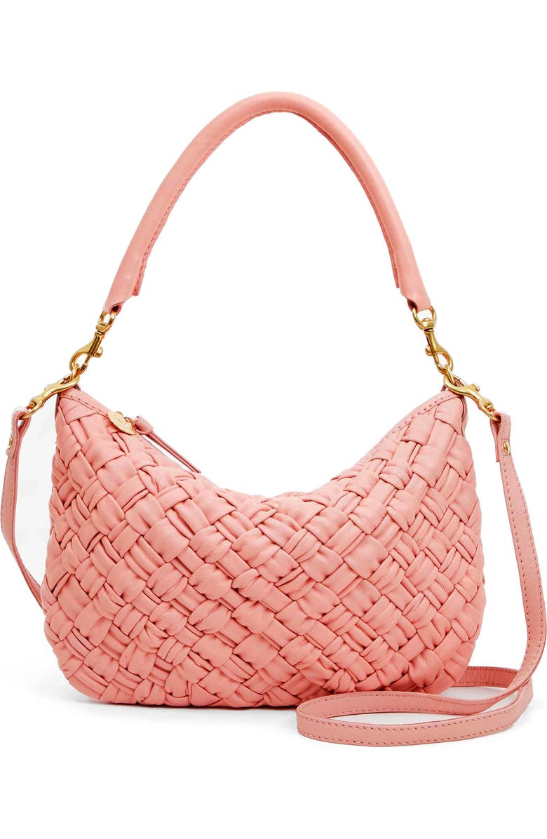 Clare V. Petit Moyen Woven Leather Messenger Bag, Main, color, Blush Puffy Woven