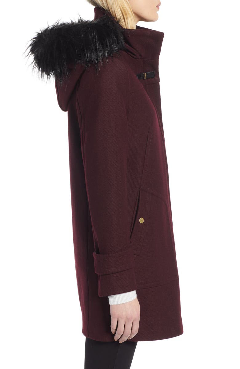 Cole Haan Signature Wool Blend Twill Duffle Jacket with Faux Fur Trim, Alternate, color,