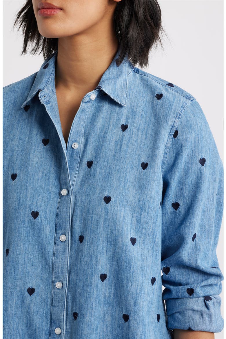 Heart Embroidered Cotton Chambray Button-Up Shirt, Alternate, color, CHAMBRAY- NAVY HEART