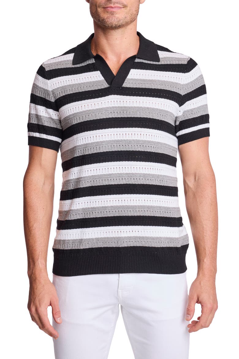 Trim Fit Johnny Collar Stripe Knit Polo, Main, color, BLACK SOY MIST