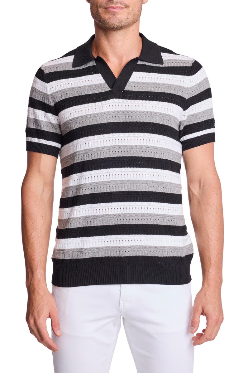 PAISLEY & GRAY Trim Fit Johnny Collar Stripe Knit Polo, Main, color, Black Soy Mist