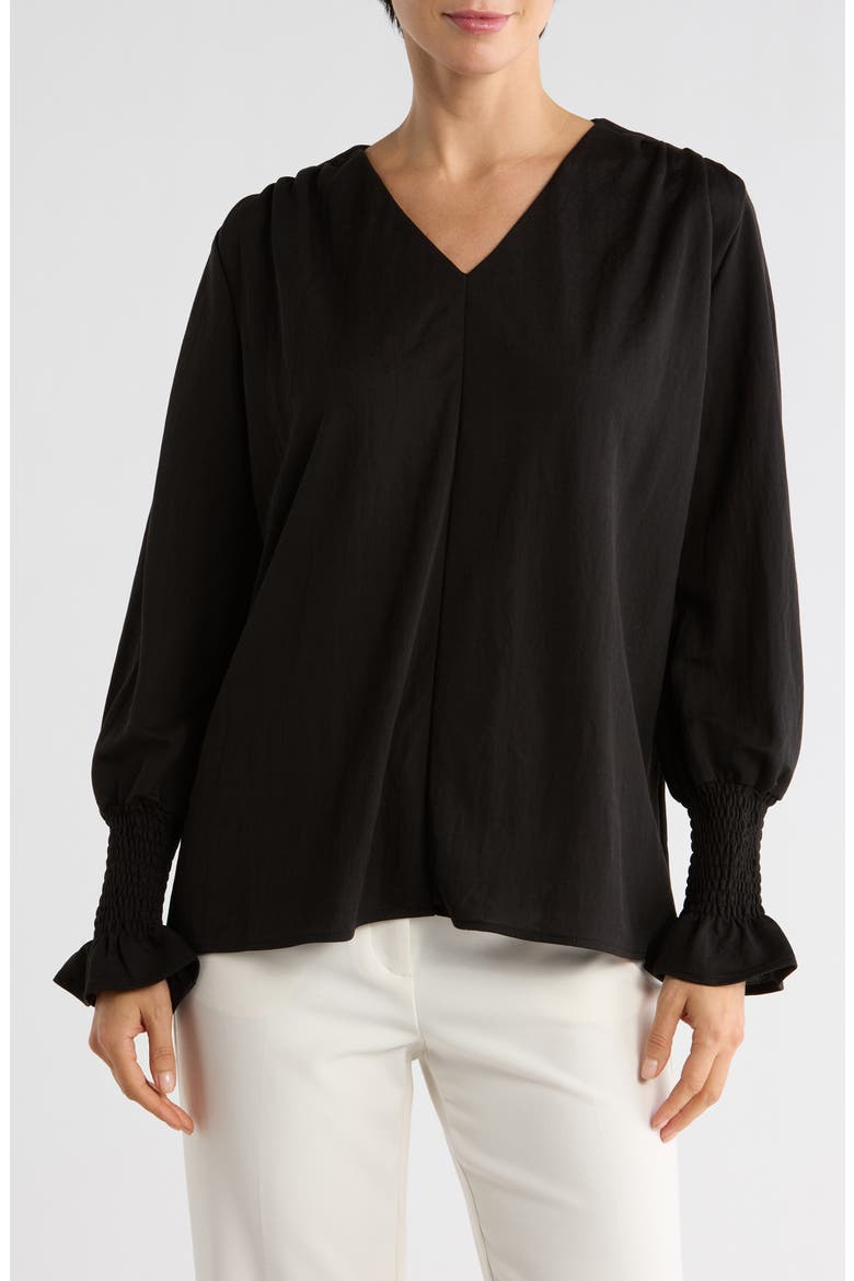 Long Sleeve Smocked Cuff V-Neck Top, Main, color, BLACK