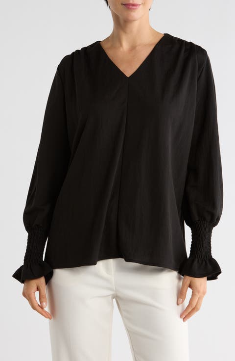 Long Sleeve Smocked Cuff V-Neck Top