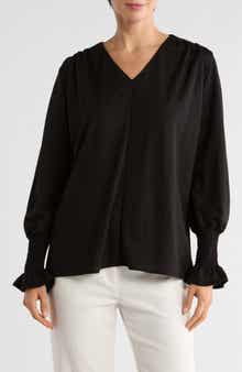 PATRIZIA LUCA Long Sleeve Smocked Cuff V-Neck Top