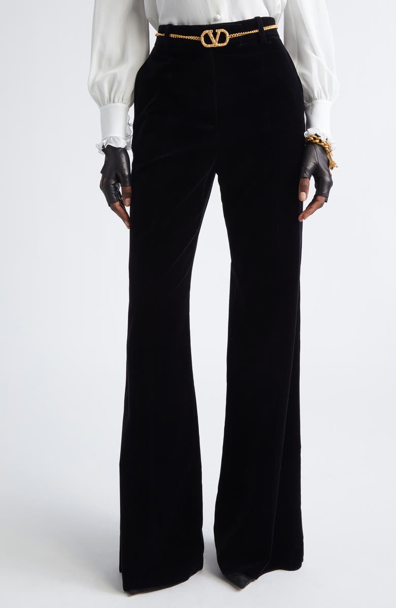 Valentino Velveteen Wide Leg Trousers, Main, color, Black