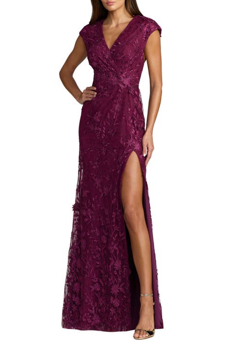Faux Wrap Embroidered Cap Sleeve Gown