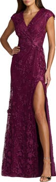 Mac Duggal Faux Wrap Embroidered Cap Sleeve Gown