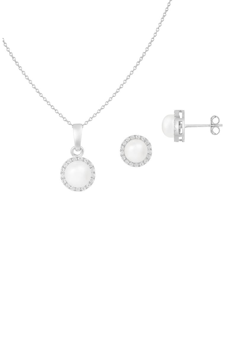 Halo Freshwater Pearl Pendant Necklace & Stud Earrings Set, Main, color, WHITE