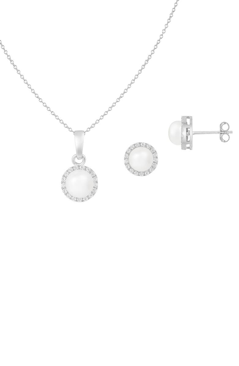 SPLENDID PEARLS Halo Freshwater Pearl Pendant Necklace & Stud Earrings Set, Main, color, White