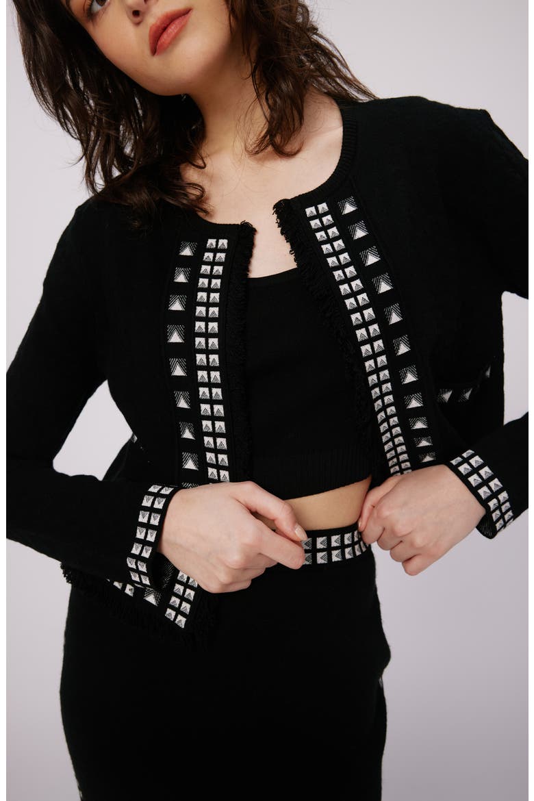 Brogram Crop Open Front Cardigan, Alternate, color, BLACK/STUD