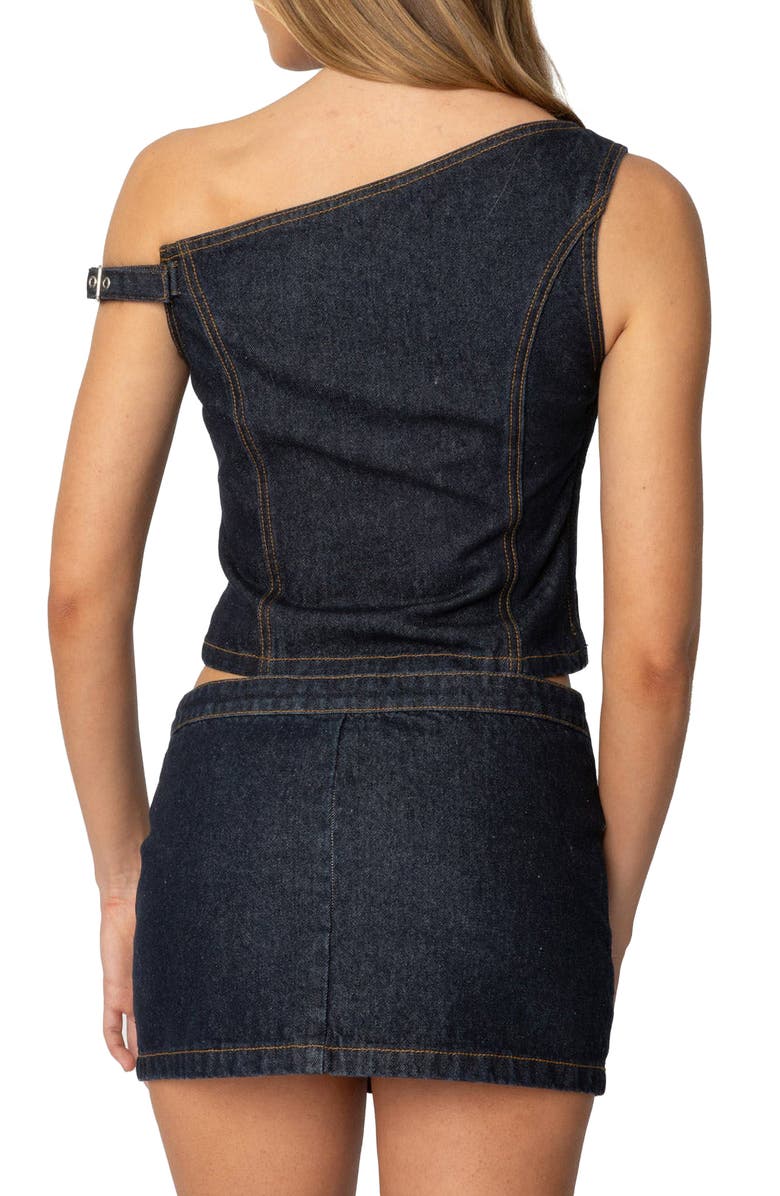EDIKTED Keira Denim One-Shoulder Top, Alternate, color, Dark-Blue