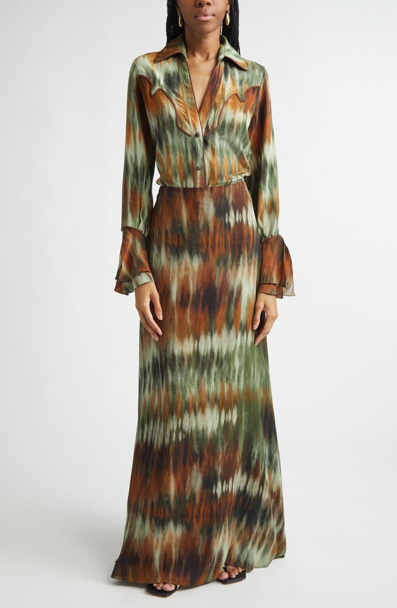 Johanna Ortiz New Intermingled Ideas Silk Georgette Maxi Skirt, Alternate, color, Pine Green / Chocolate