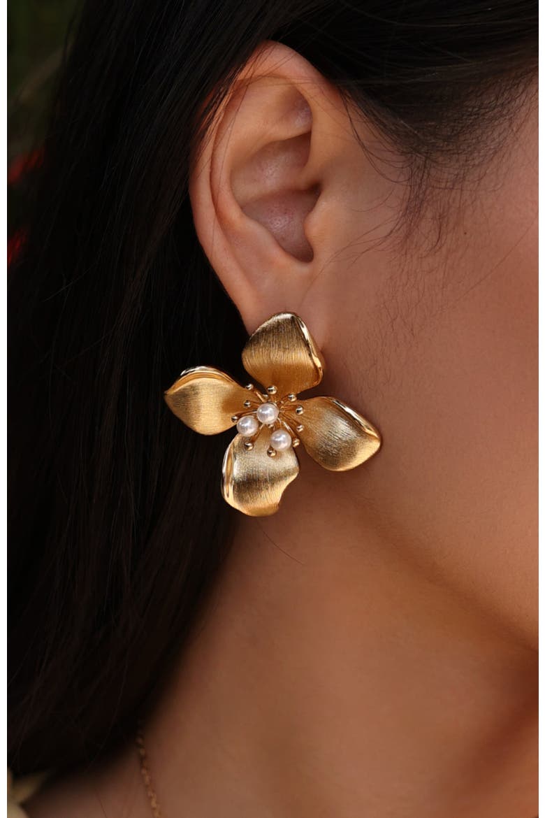 Large Iris Blossom Stud Earrings, Alternate, color, Gold & White