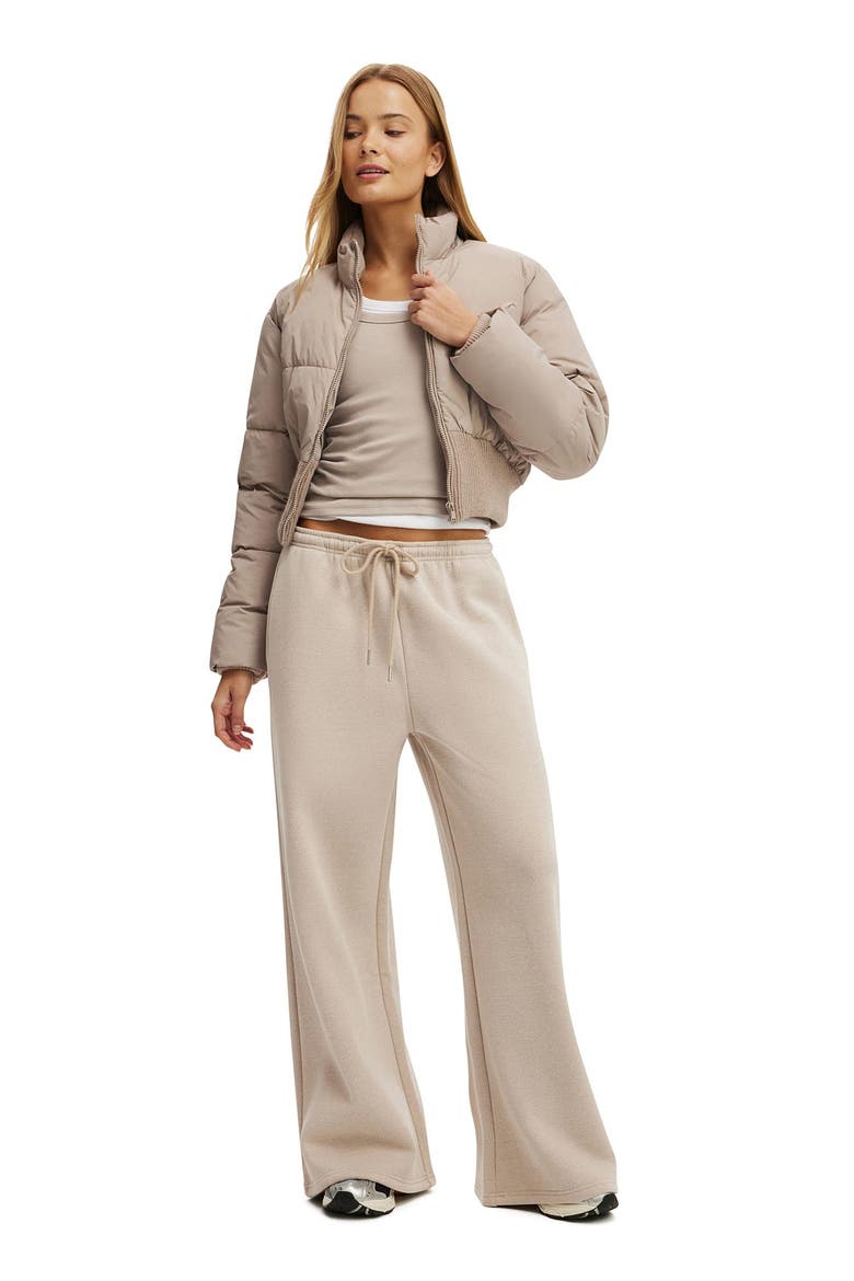 Women's Active Plush Tie Waist Wide Leg Sweatpant, Alternate, color, Sesame Marle