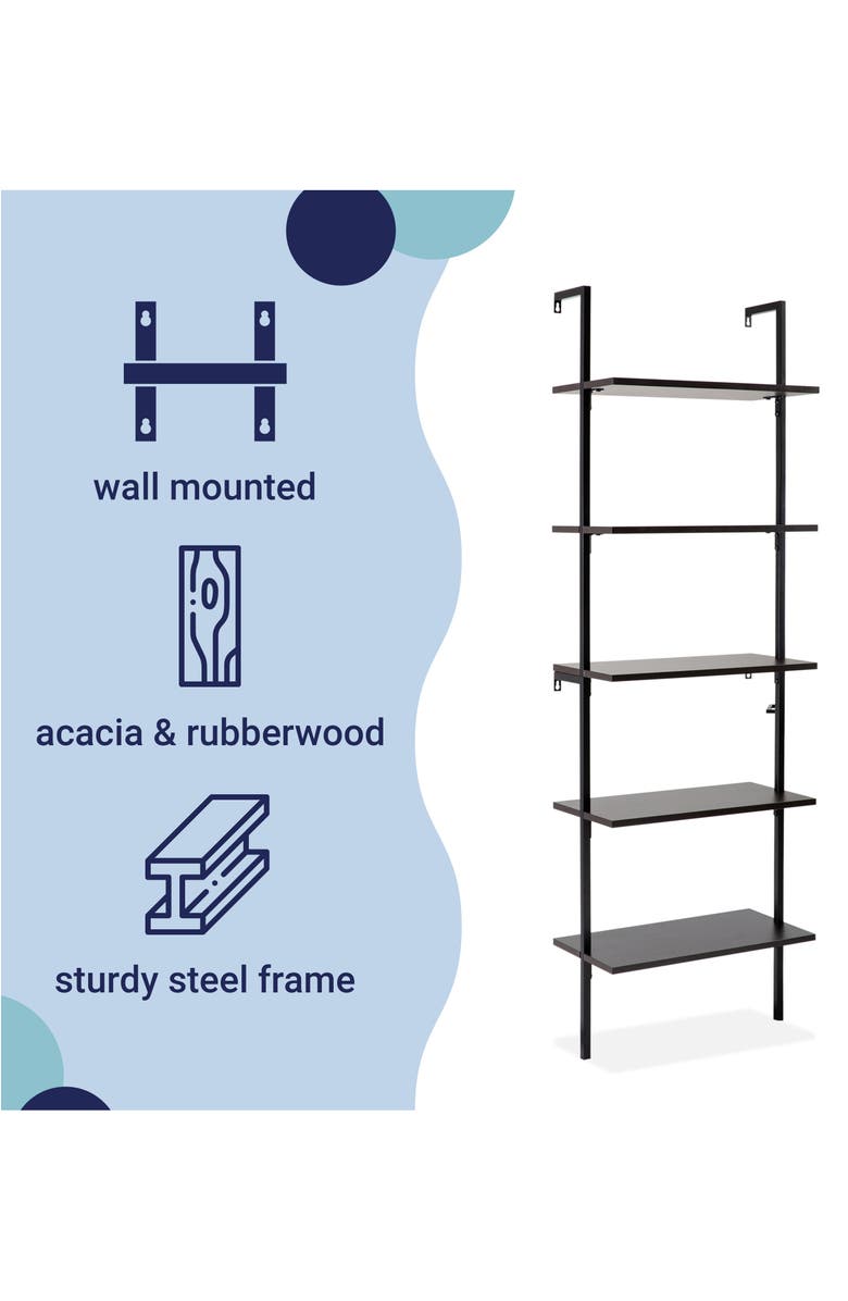 HAPPIMESS Madera Classic Industrial Shelf Wood Wall-Mounted Open Ladder Bookcase with Metal Frame, Alternate, color, Black/Black