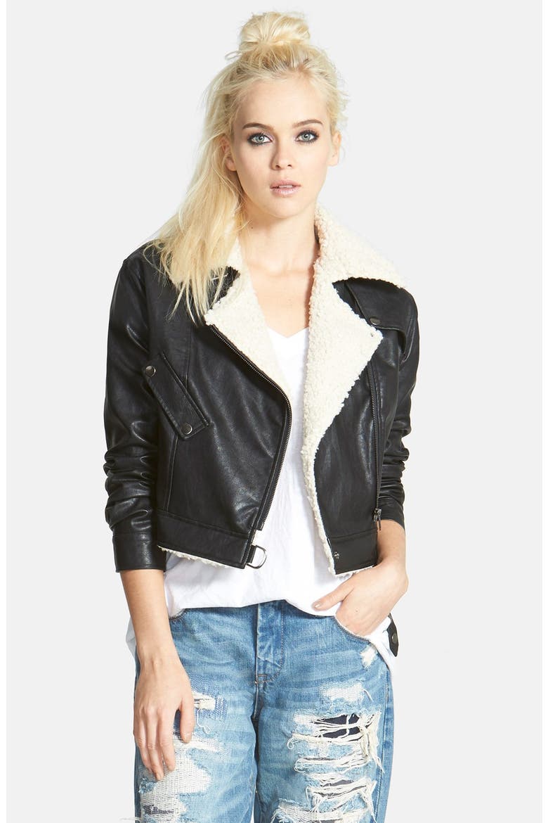 ASTR Faux Shearling Moto Jacket, Main, color, BLACK
