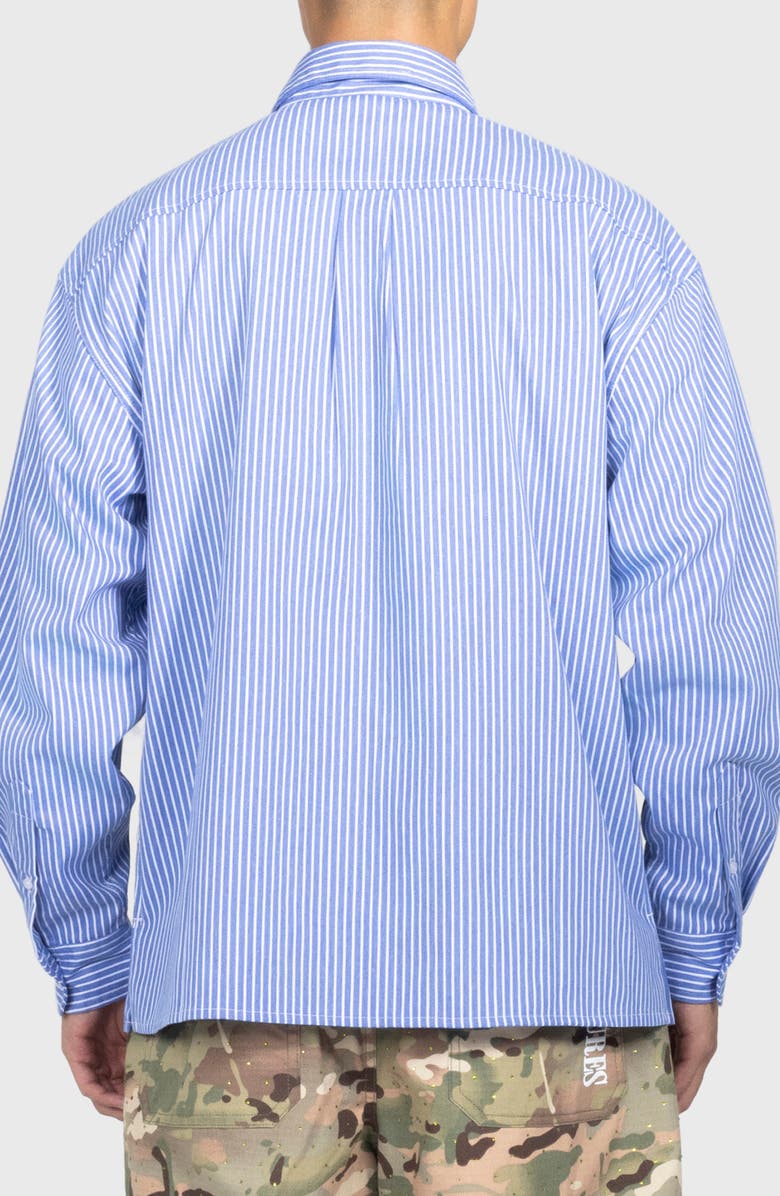 PLEASURES Impact Logo Stripe Cotton Blend Button-Up Shirt, Alternate, color, Blue