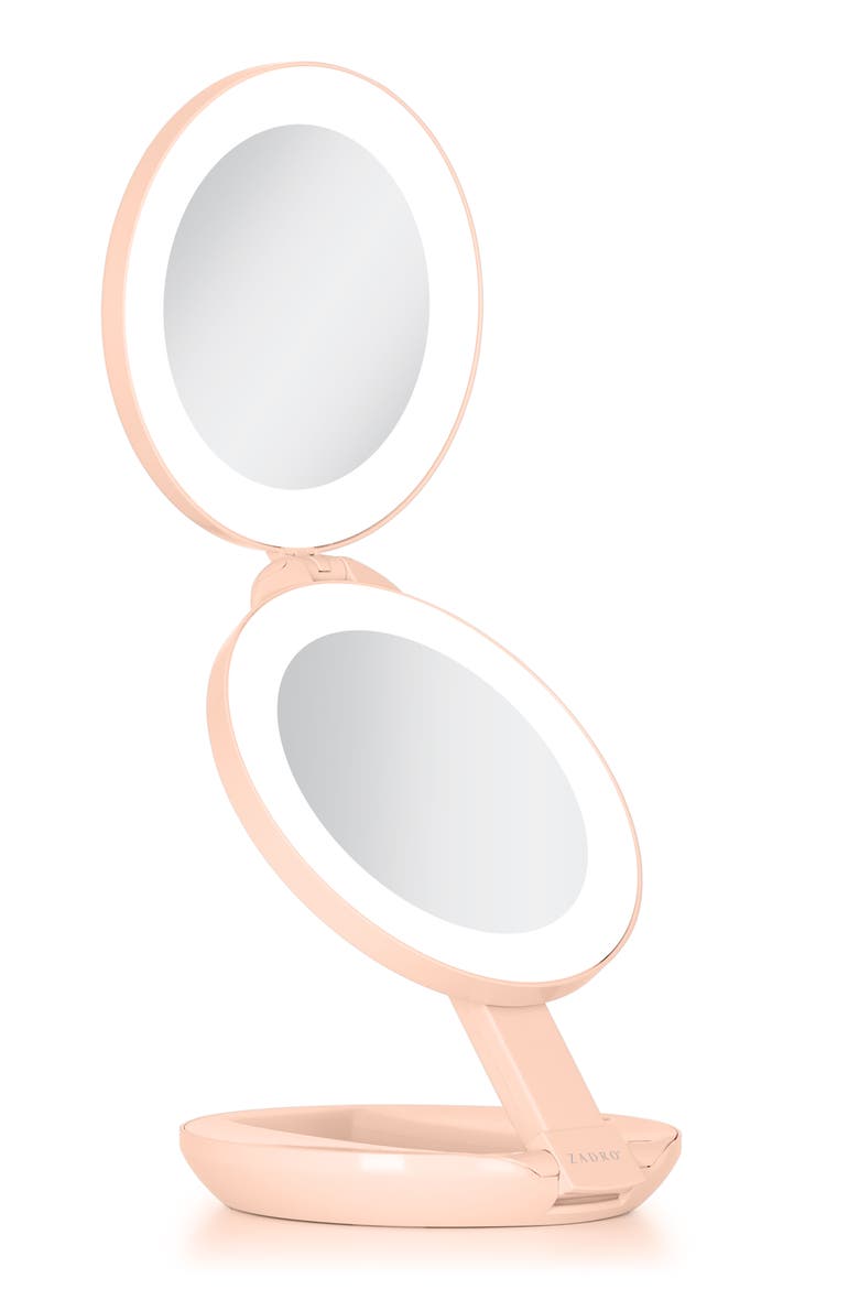 Lighted Travel Mirror with Magnification & Folding-to-Compact, Main, color, Peach