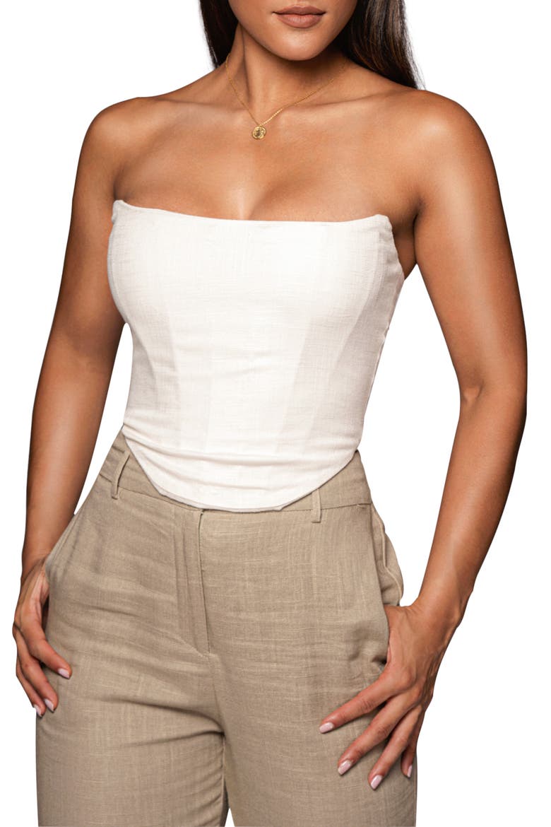 Fenix Strapless Cotton & Linen Corset Top, Main, color, WHITE